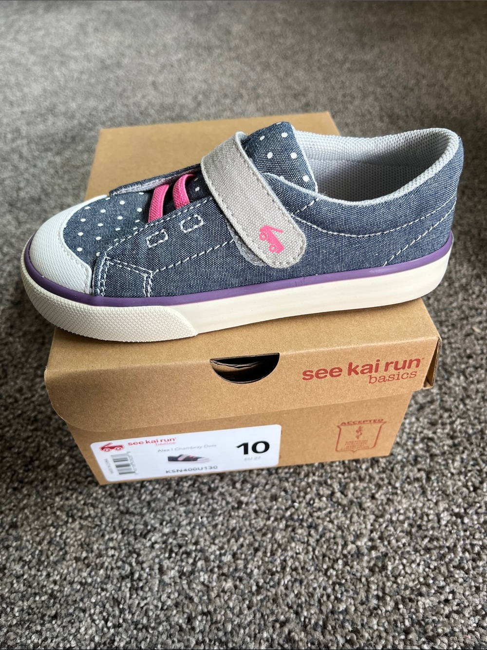 NIB See Kai Run Denim Alex Blue Sneakers with Pink and White Details